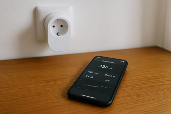 Smartphone zeigt Echtzeitdaten eines smarten Zwischenstecker mit Watt- und kWh-Werten