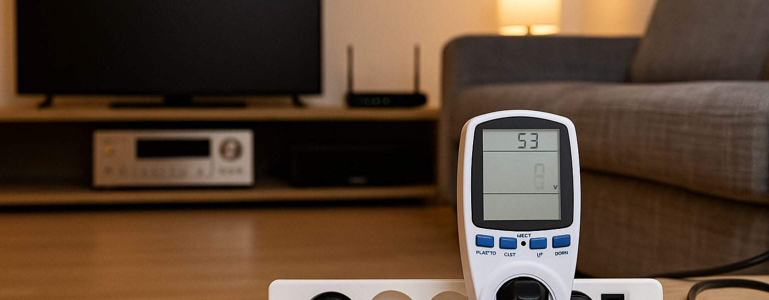 Stromfresser finden: Strommessgerät zeigt Verbrauch von Haushaltsgeräten wie Fernseher und Router im Wohnzimmer.