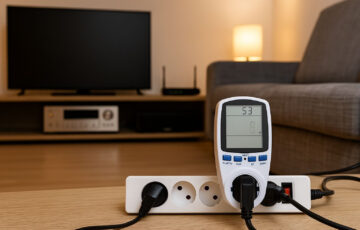 Stromfresser finden: Strommessgerät zeigt Verbrauch von Haushaltsgeräten wie Fernseher und Router im Wohnzimmer.