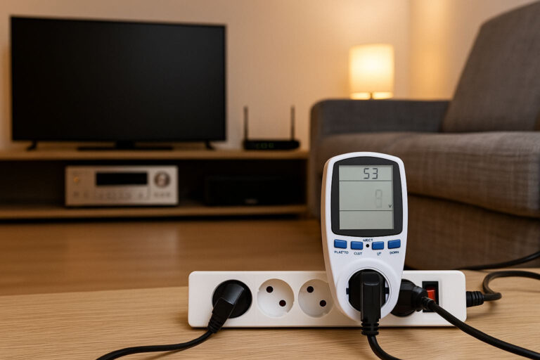 Stromfresser finden: Strommessgerät zeigt Verbrauch von Haushaltsgeräten wie Fernseher und Router im Wohnzimmer.