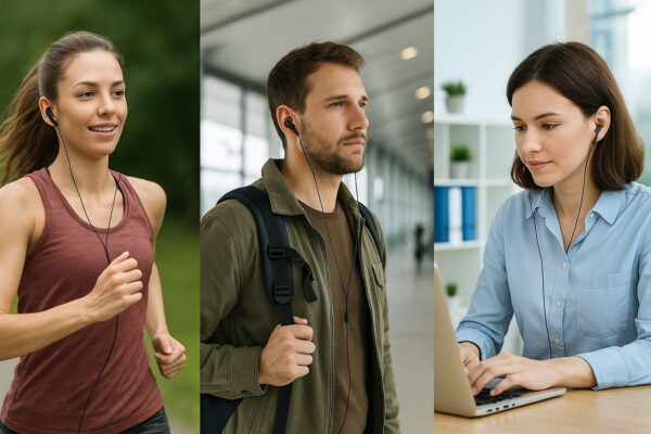 In-Ear Kopfhörer für Sport, Reisen und Büro im Einsatz Drei Alltagsszenen mit In-Ear Kopfhörern: Sport, Reise und Büro