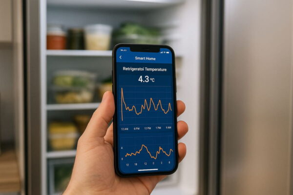 Smartphone zeigt Temperaturverlauf eines Kühlschranks mit Schwankungen
