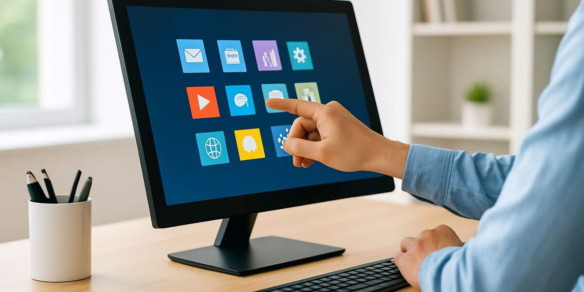 Touchscreen-Monitore bei der Bedienung mit der Hand im modernen Arbeitsplatz