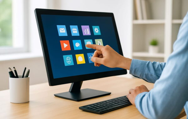Touchscreen-Monitore bei der Bedienung mit der Hand im modernen Arbeitsplatz