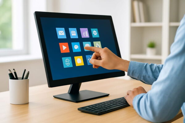 Touchscreen-Monitor im Einsatz: Direkte Bedienung per Finger Touchscreen-Monitore bei der Bedienung mit der Hand im modernen Arbeitsplatz