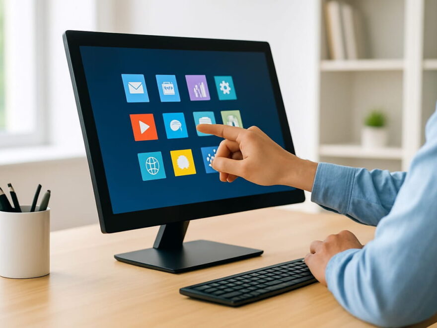 Touchscreen-Monitore bei der Bedienung mit der Hand im modernen Arbeitsplatz