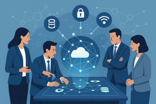 Illustration: Unternehmen mit Systemintegrator bei der digitalen Vernetzung