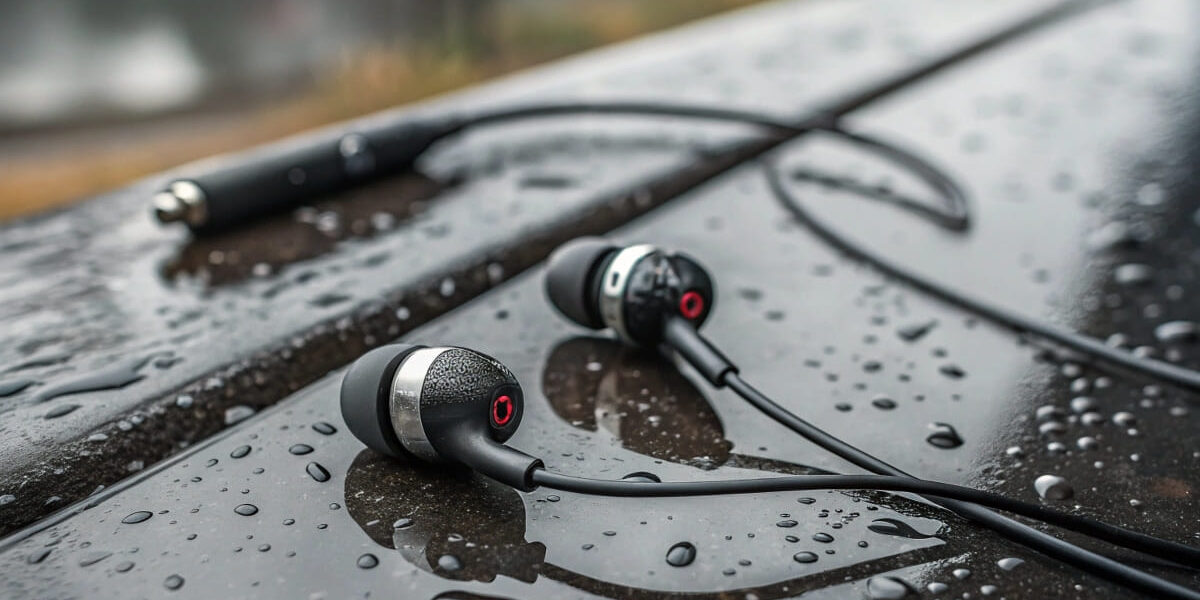 Wasserdichte Kopfhörer mit Wassertröpfchen auf dunklem Untergrund