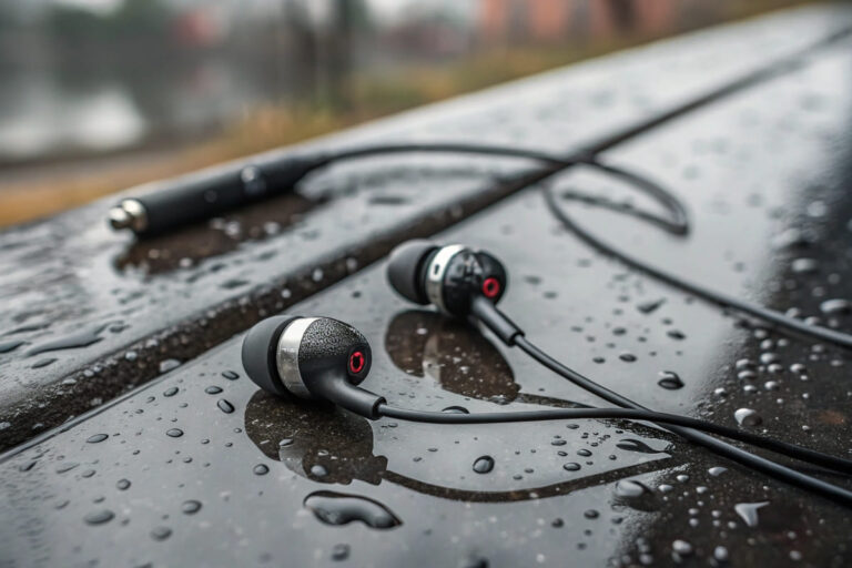 Wasserdichte Kopfhörer mit Wassertröpfchen auf dunklem Untergrund