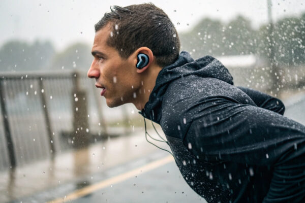 Wasserdichte Kopfhörer beim Joggen im Regen im Einsatz