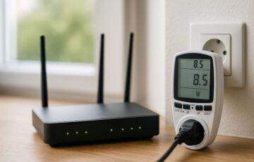 Stromverbrauch vom WLAN-Router mit Messgerät am Stromanschluss