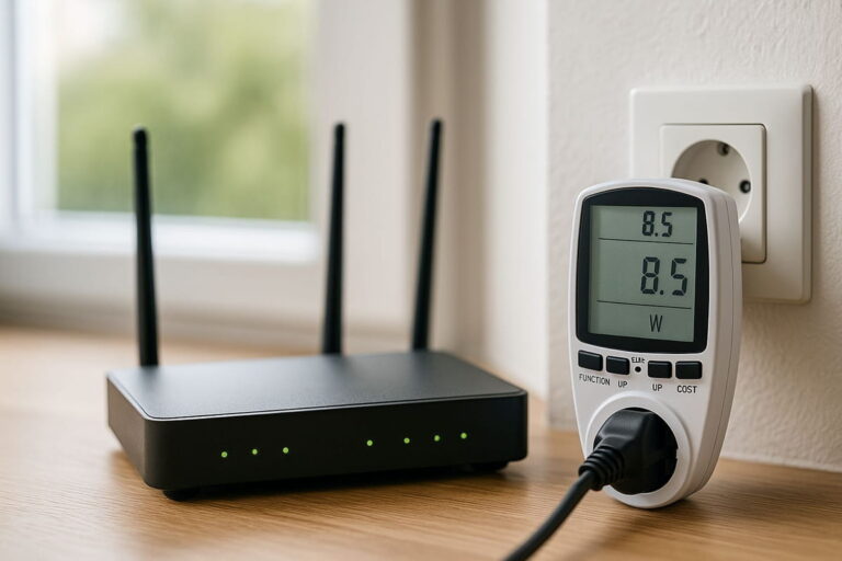 Stromverbrauch vom WLAN-Router mit Messgerät am Stromanschluss
