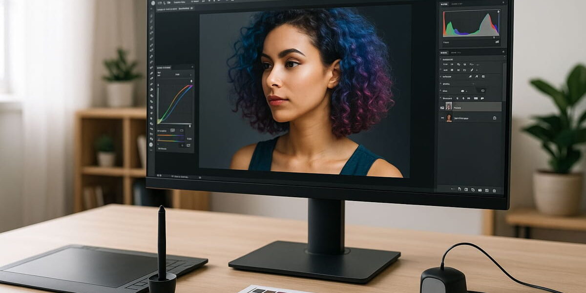 Monitore für Grafikdesign an einem professionellen Arbeitsplatz mit Grafiktablet und Farbkalibrierung