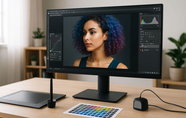 Monitore für Grafikdesign an einem professionellen Arbeitsplatz mit Grafiktablet und Farbkalibrierung