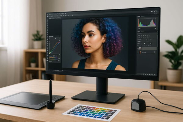 Monitore für Grafikdesign an einem professionellen Arbeitsplatz mit Grafiktablet und Farbkalibrierung