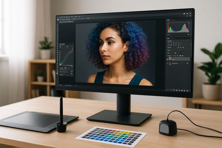 Monitore für Grafikdesign an einem professionellen Arbeitsplatz mit Grafiktablet und Farbkalibrierung