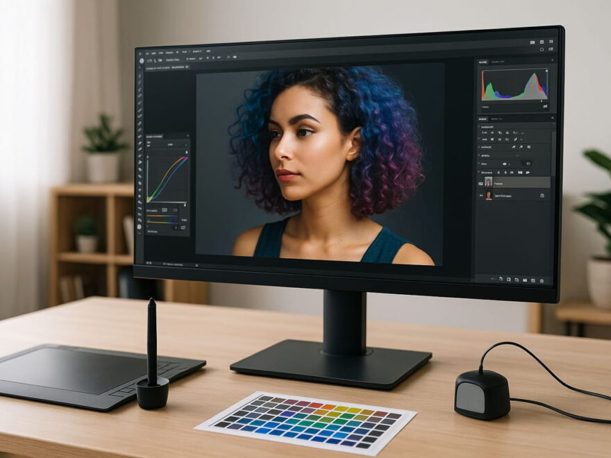Monitore für Grafikdesign an einem professionellen Arbeitsplatz mit Grafiktablet und Farbkalibrierung