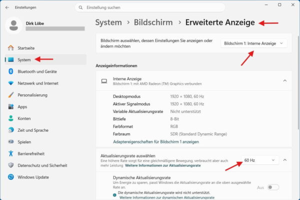 Kein Signal am Monitor: Bildwiederholrate in Windows 11 prüfen und auf 60 Hz einstellen