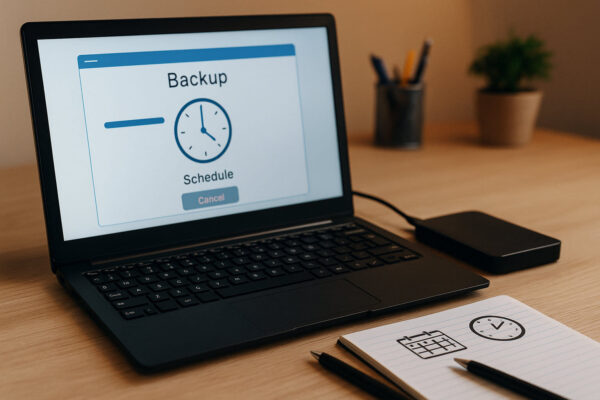 Laptop mit Backup-Software und externer Festplatte für automatisches Backup