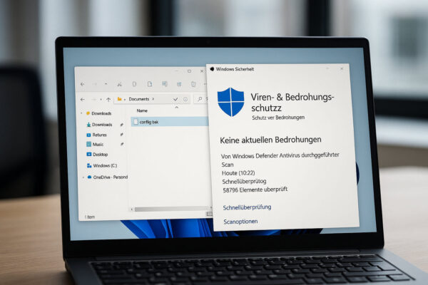 .BAK-Datei prüfen – Sicherheitsrisiken erkennen und bewerten .BAK-Datei neben einem geöffneten Sicherheits-Scan zur Prüfung möglicher Risiken
