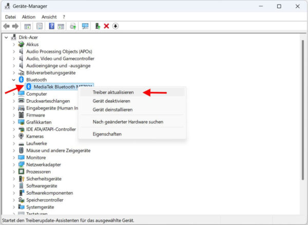 Windows: Bluetooth-Treiber aktualisieren Bluetooth-Treiber im Windows-Gerätemanager aktualisieren