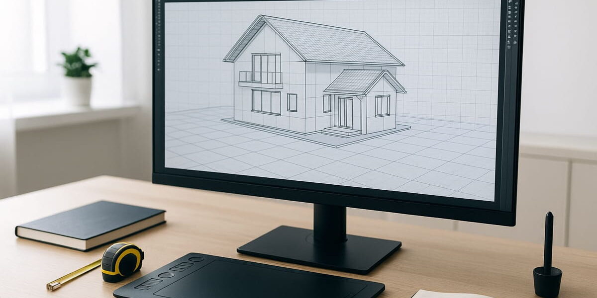 Moderner CAD-Monitor mit technischer Zeichnung auf dem Bildschirm