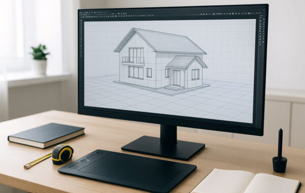 Moderner CAD-Monitor mit technischer Zeichnung auf dem Bildschirm