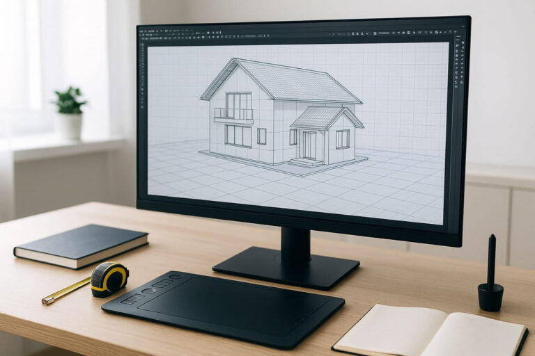 Moderner CAD-Monitor mit technischer Zeichnung auf dem Bildschirm