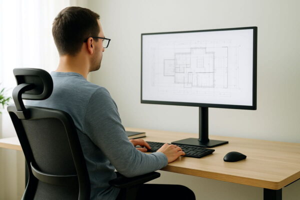 Ergonomischer Arbeitsplatz mit CAD-Monitor auf Augenhöhe