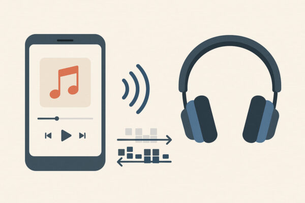 Illustration Codec beim Musikstreaming zwischen Smartphone und Kopfhörern