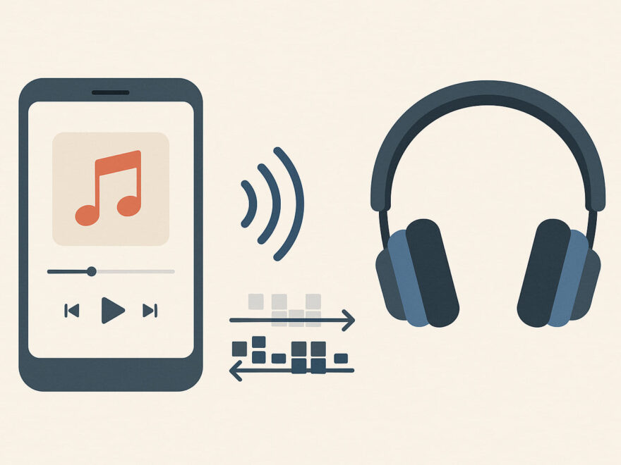 Illustration Codec beim Musikstreaming zwischen Smartphone und Kopfhörern
