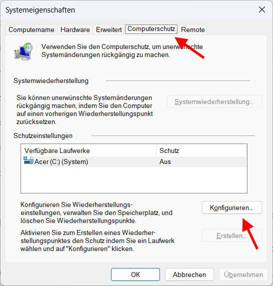 Windows Computerschutz mit Auswahl des Laufwerks und Konfigurieren-Button