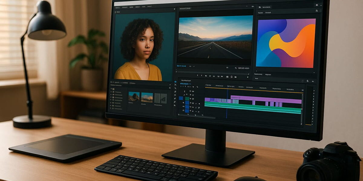 Moderner Arbeitsplatz mit Monitor für Content Creator