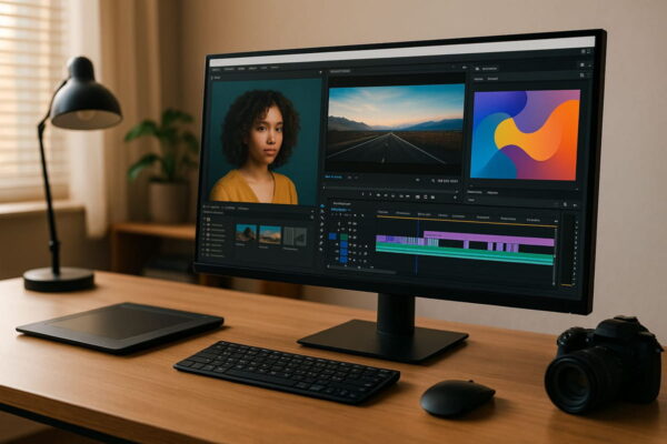 Moderner Arbeitsplatz mit Monitor für Content Creator