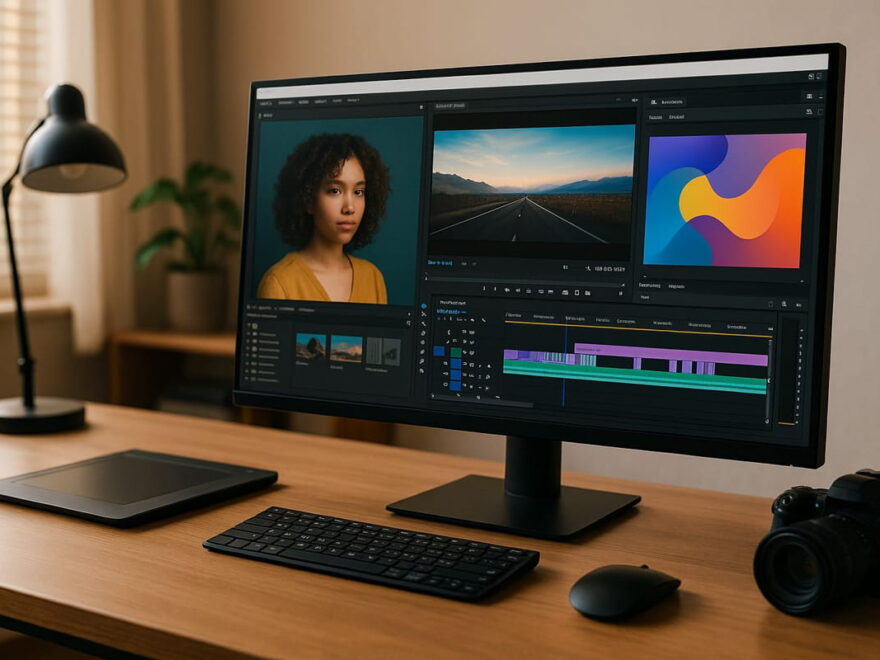 Moderner Arbeitsplatz mit Monitor für Content Creator