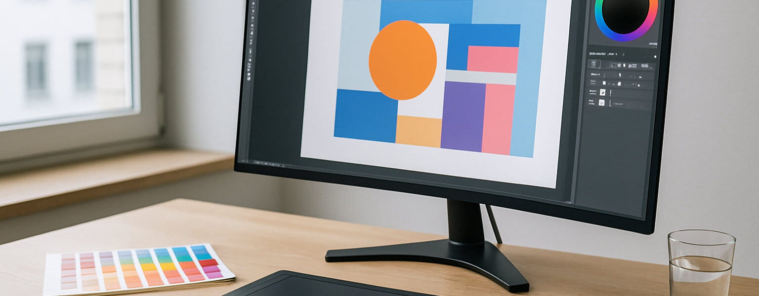 Curved-Monitor am Grafikdesign-Arbeitsplatz mit klar erkennbarer Bildschirmkrümmung