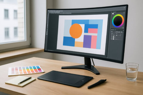 Curved-Monitor am Grafikdesign-Arbeitsplatz mit klar erkennbarer Bildschirmkrümmung