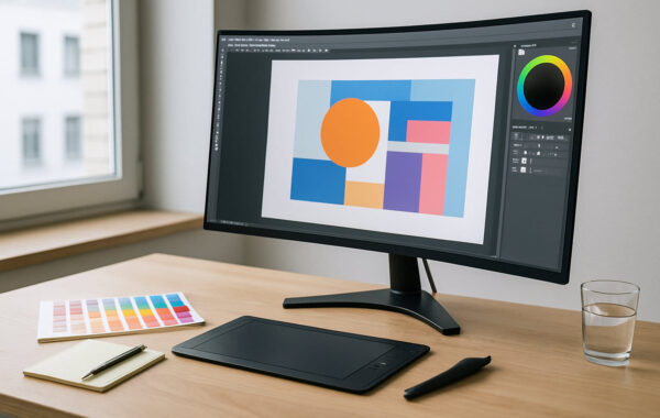 Curved-Monitor am Grafikdesign-Arbeitsplatz mit klar erkennbarer Bildschirmkrümmung
