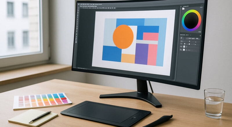 Curved-Monitor am Grafikdesign-Arbeitsplatz mit klar erkennbarer Bildschirmkrümmung
