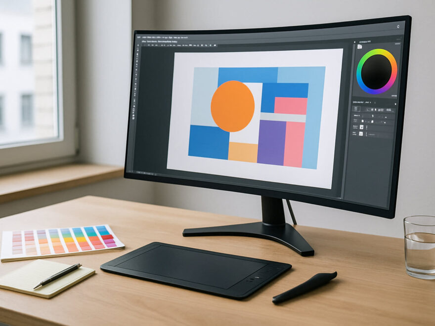 Curved-Monitor am Grafikdesign-Arbeitsplatz mit klar erkennbarer Bildschirmkrümmung