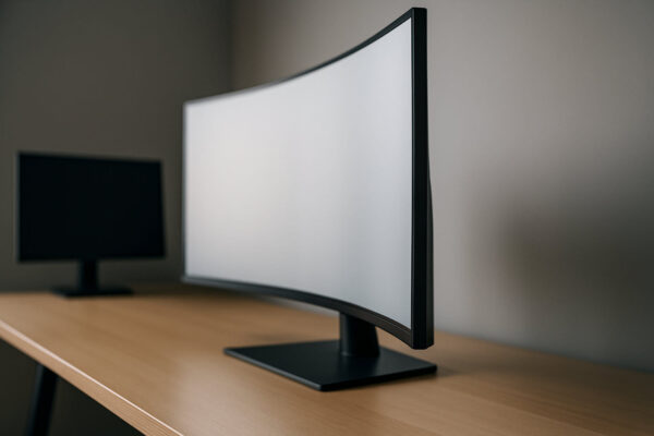 Seitlicher Blick auf einen Curved-Monitor mit gut erkennbarer Bildschirmkrümmung