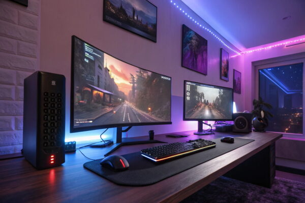 Curved Gaming-Monitore im Vergleich zu flachen Displays Curved Gaming-Monitore im Vergleich zu flachen Displays in einem modernen Gaming-Setup