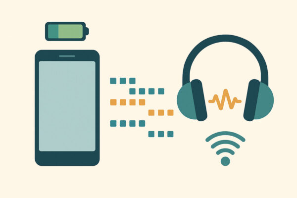 Illustration Datenrate und Effizienz beim Musikstreaming über Smartphone und Kopfhörer