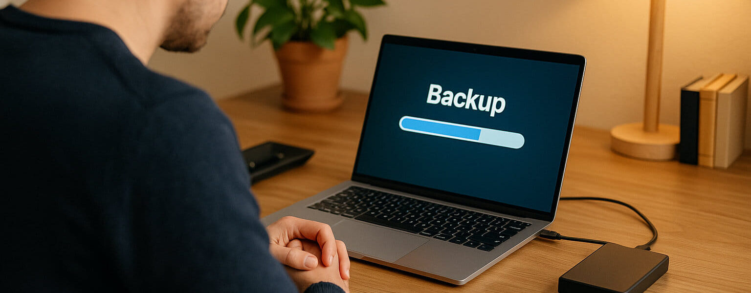 Laptop-Nutzer führt regelmäßige Datensicherung auf externer Festplatte durch