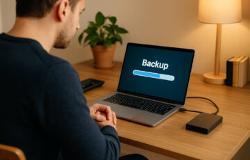 Laptop-Nutzer führt regelmäßige Datensicherung auf externer Festplatte durch