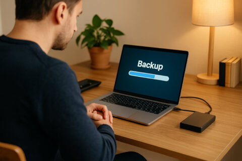 Laptop-Nutzer führt regelmäßige Datensicherung auf externer Festplatte durch