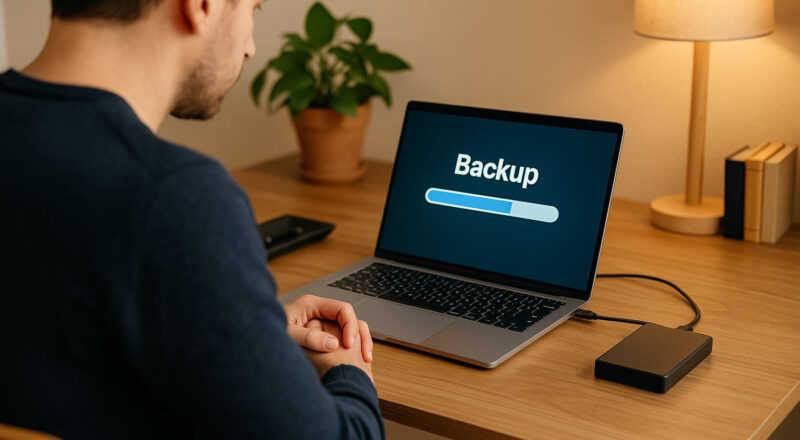 Laptop-Nutzer führt regelmäßige Datensicherung auf externer Festplatte durch