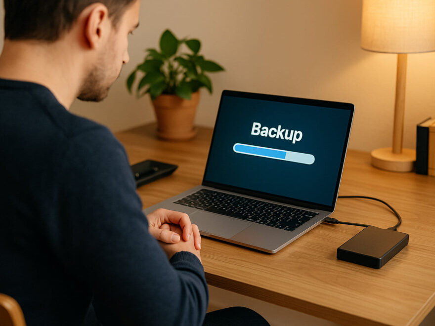 Laptop-Nutzer führt regelmäßige Datensicherung auf externer Festplatte durch