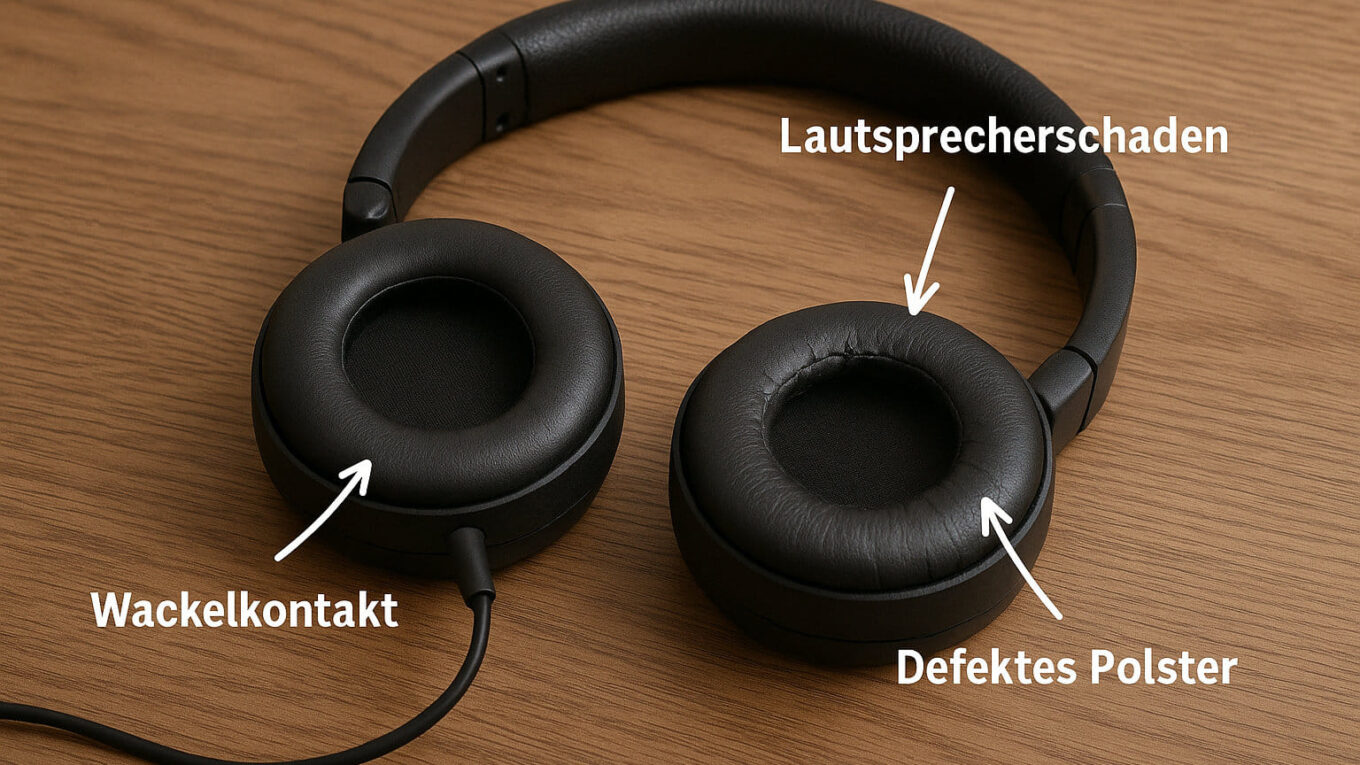 Defekte Kopfhörer mit typischen Schäden wie Wackelkontakt, beschädigtem Polster und Lautsprecherschaden