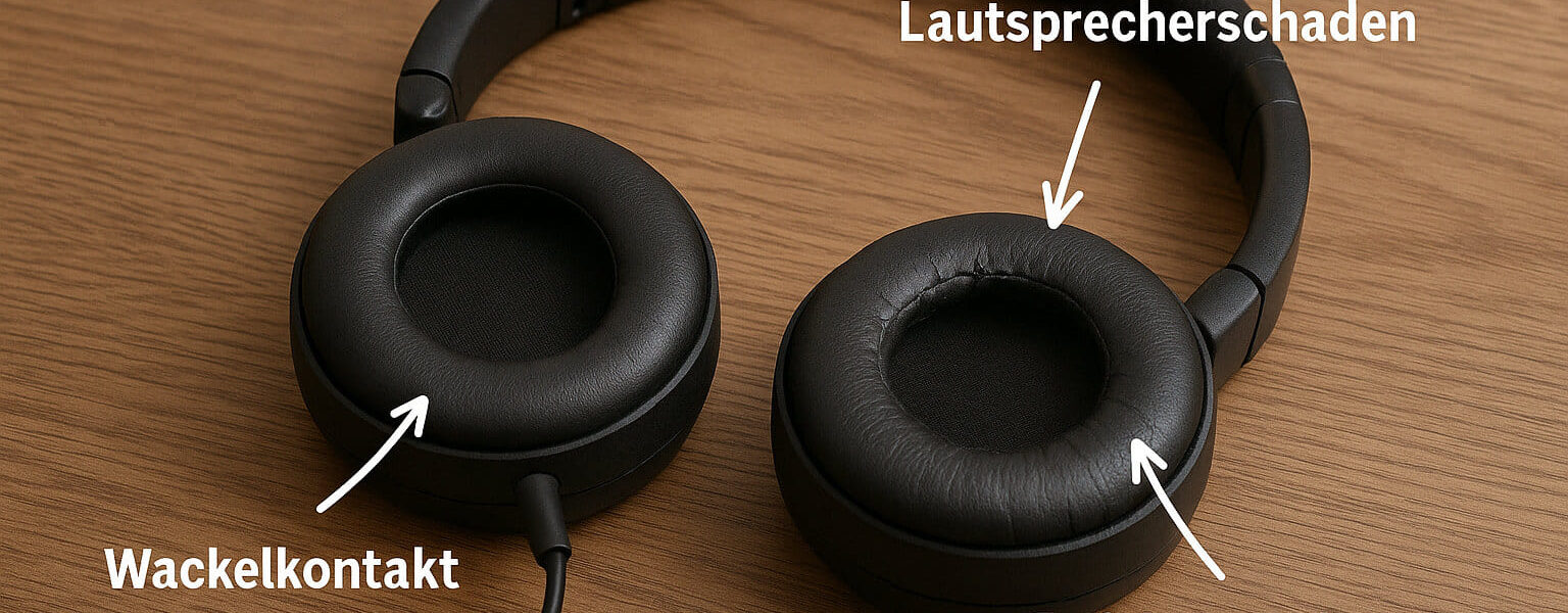 Defekte Kopfhörer mit typischen Schäden wie Wackelkontakt, beschädigtem Polster und Lautsprecherschaden